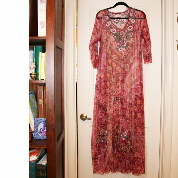 Johnny Was Floral embroidered CARDINAL MESH MAXI DRESS Size Medium - Picture 1 of 6
